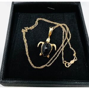 14K Gold Navajo Tom David Yellow Gold Black Onyx Sea Turtle Pendant Necklace